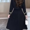 Elegant Button Front Contrast Trim Skirt Set, Long Sleeve Jacket & Pleated Midi Skirt Outfits, Women's Clothing