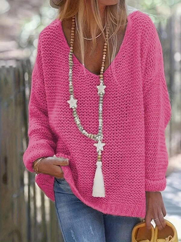 Solid V Neck Knitted Pullover Sweater, Casual Long Sleeve Sweater For Spring & Fall, Women's Clothing