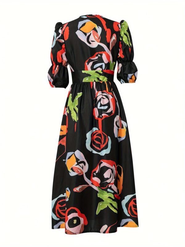 Allover Print V-neck Dress, Elegant Short Sleeve A-line Dress For Spring & Summer, Women's Clothing