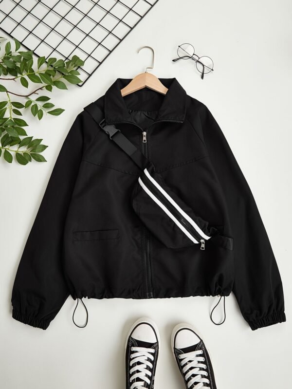 d17ab8afc8ddcf7291eae2a6489b5b1d-1.jpg Solid Zip Up Jacket, Casual Long Sleeve Windproof Daily Outerwear With Bag, Women's Clothing