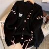 Lace Up Button Down Knit Cardigan, Casual Long Sleeve Loose Sweater, Women's Clothing