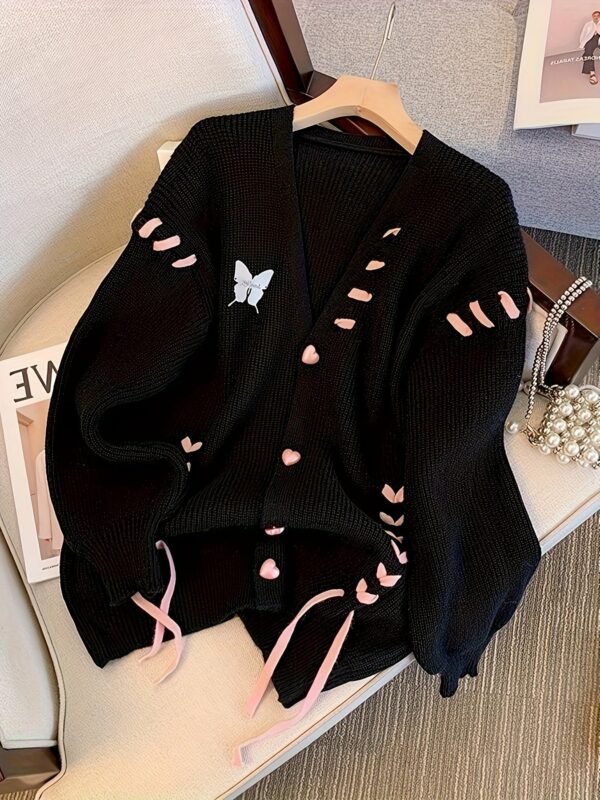 Lace Up Button Down Knit Cardigan, Casual Long Sleeve Loose Sweater, Women's Clothing