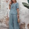 Button Decor Casual Pants Set, Short Sleeve Top & Split Hem Pants Outfits For Spring & Summer, Women's Clothing