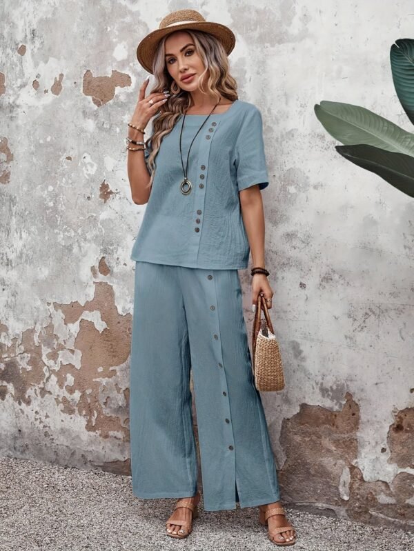 Button Decor Casual Pants Set, Short Sleeve Top & Split Hem Pants Outfits For Spring & Summer, Women's Clothing