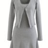 Elegant Solid Two-piece Set, Single Button Outwear & Slim Simple Dress Outfits, Women's Clothing