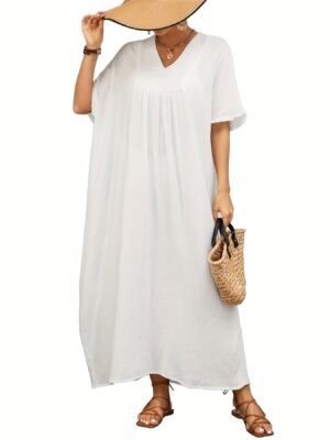 Solid Color V Neck Coverup Dress, Casual Batwing Sleeve Loose Maxi Dress For Spring & Summer, Women's Clothing