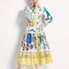 Graphic Print Button Front Dress, Casual Long Sleeve Tie Waist Dress For Spring & Fall, Women's Clothing