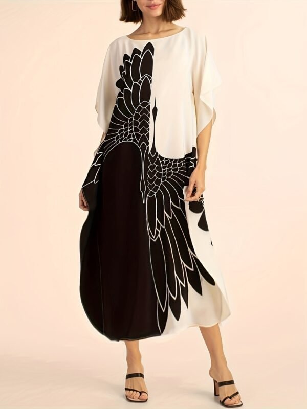 Color Block Crew Neck Dress, Casual Short Sleeve Loose Asymmetrical Dress For Spring & Summer, Women's Clothing