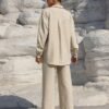 Solid Color Pantsuits Set, Button Front Long Sleeve Shirt & Wide Leg Drawstring Waist Pants Outfits, Women's Clothing