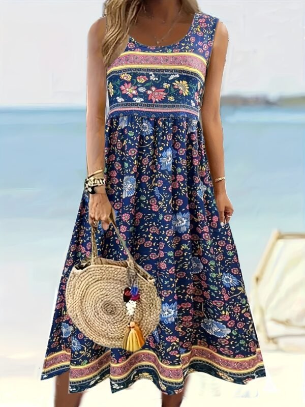 Floral Print Crew Neck A-line Dress, Casual Sleeveless Tank Dress For Spring & Summer, Women's Clothing