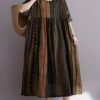 Plus Size Colorblock Stripe Print Loose Dress, Casual Short Sleeve Ruched Dress For Spring & Summer, Women's Plus Size Clothing