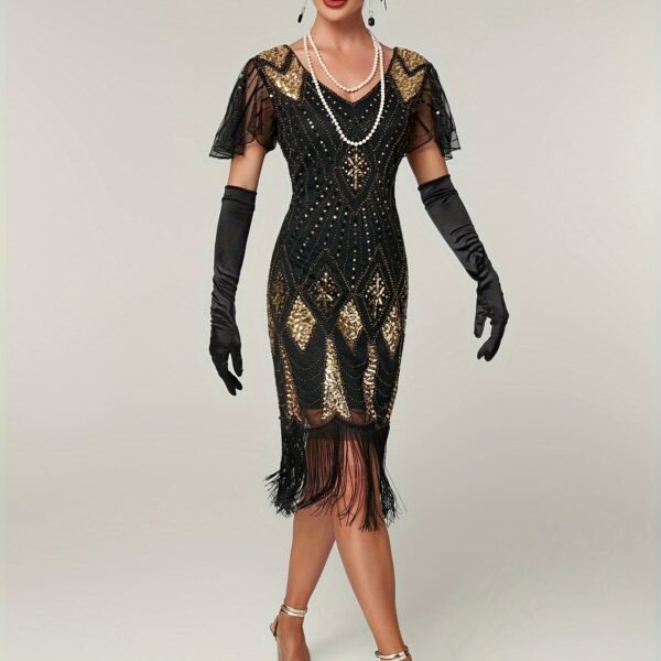 Sequin V Neck Dress, Elegant Fringe Hem Dress For Party & Club, Women's Clothing Wedding/Evening dress/Occasion/Engagement/Ceremony