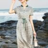 Allover Print Drawstring Waist Dress, Elegant Short Sleeve Contrast Trim Button Front Dress For Spring & Summer, Women's Clothing