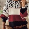 dd5866bfbbb6d4e1d2cff205b2080ba0.jpg Stylish Color Block Leopard Print Sweater, Crew Neck Long Sleeve Sweater, Casual Tops For Fall & Winter, Women's Clothing