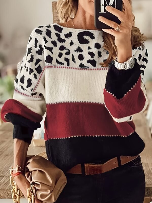 dd5866bfbbb6d4e1d2cff205b2080ba0.jpg Stylish Color Block Leopard Print Sweater, Crew Neck Long Sleeve Sweater, Casual Tops For Fall & Winter, Women's Clothing
