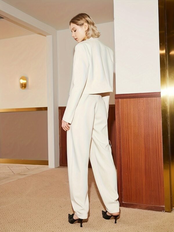 Solid Color Two-piece Suit Set, Open Front Lapel Crop Blazer & Loose Pants Outfits, Women's Clothing