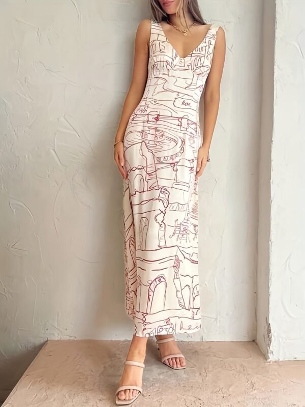 Abstract Line Print V Neck Tank Dress, Vintage Backless Slim Fit Ankle Tank Dress For Spring & Summer, Women's Clothing