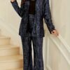 Sequin Decor Two-piece Set, Collarless Long Sleeve Blazer & High Waist Pants Outfits, Women's Clothing