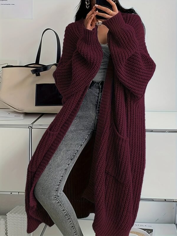 Solid Color Open Front Knitted Cardigan, Casual Long Sleeve Long Length Cardigan For Spring & Fall, Women's Clothing