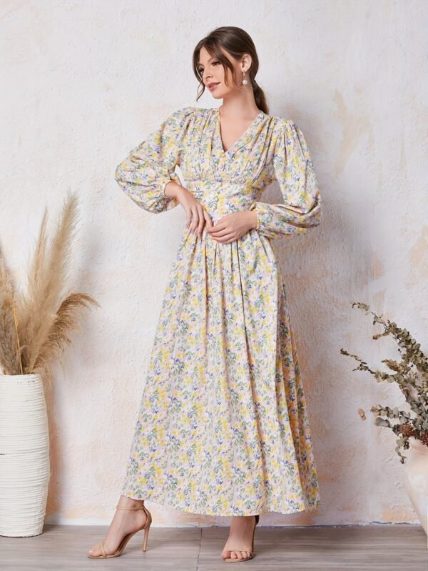 Floral Print V Neck Dress, Elegant Long Sleeve Dress For Spring & Summer, Women's Clothing