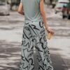 Striped Print Casual Pantsuits, Solid Crew Neck Short Sleeve T-shirt & Wide Leg Pants Outfits For Spring & Summer, Women's Clothing