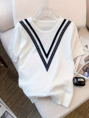 Color Block Crew Neck Knitted Sweater, Casual Short Sleeve Top For Spring & Summer, Women's Clothing