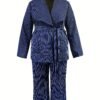 Plus Size Elegant Suit Set, Women's Plus Plaid Print Long Sleeve Waterfall Collar Belted Blazer & Wide Leg Pants Outfits Two Piece Set