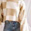 Plaid Pattern Knit Sweater, Casual Long Sleeve Drop Shoulder Pullover Sweater, Women's Clothing