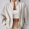Solid Color Zip Up Drawstring Jacket, Casual Long Sleeve Jacket For Spring & Fall, Women's Clothing