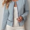 Contrast Trim Open Front Jacket, Casual Long Sleeve Crew Neck Cotton Jacket, Women's Clothing