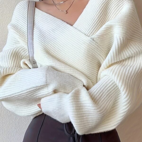 Rib-knit V Neck Loose Sweater, Elegant Long Sleeve Sweater For Fall & Winter, Women's Clothing