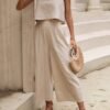 Elegant Solid Color Pantsuits Set, Crew Neck Sleeveless Tank Top & Wide Leg Pants Outfits, Women's Clothing