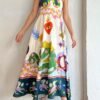 Cartoon Drawstring Print Shirred Cami Dress, Elegant Sleeveless Spaghetti Strap Dress, Women's Clothing