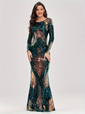 Sparkling Sequin Crew Neck Cocktail Dress, Elegant Long Sleeve Mermaid Dress For Party & Banquet, Women's Clothing Wedding/Evening dress/Occasion/Engagement/Ceremony