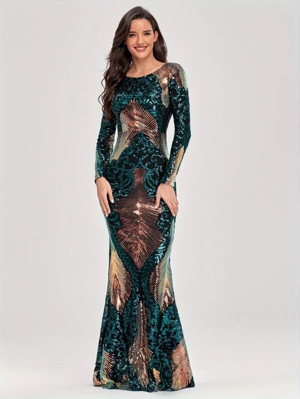 Sparkling Sequin Crew Neck Cocktail Dress, Elegant Long Sleeve Mermaid Dress For Party & Banquet, Women's Clothing Wedding/Evening dress/Occasion/Engagement/Ceremony