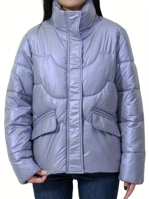 Solid Color Fashionable Puffer Jacket For Women, Thickened Warm Stand Collar Coat For Winter Outdoor, Women's Clothing