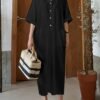 Solid Color Button Coverup Dress, Casual V Neck Half Sleeve Loose Midi Dress With Pocket, Women's Clothing