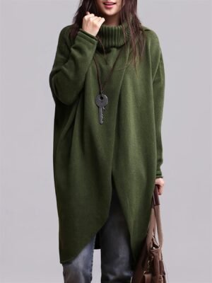 Solid Color Turtle Neck Sweater, Casual Long Sleeve Asymmetric Hem Long Length Sweater For Fall & Winter, Women's Clothing