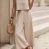 Elegant Solid Color Pantsuits Set, Crew Neck Sleeveless Tank Top & Wide Leg Pants Outfits, Women's Clothing