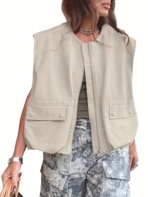 Zipper Loose Solid Vest Jacket, Casual Sleeveless Jacket For Spring & Summer, Women's Clothing