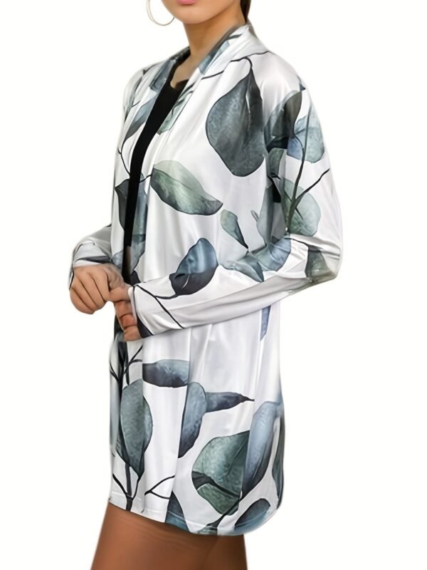 Leaves Print Open Front Cardigan, Versatile Long Sleeve Outwear For Spring & Fall, Women's Clothing