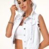 Drawstring Hooded Raw Trim Denim Vest Jacket, Single-breasted Plain White Casual Denim Coat, Women's Denim Jeans & Clothing