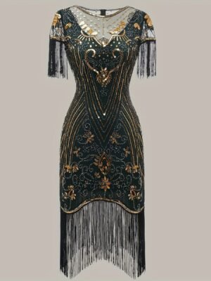 Tassel Sequined V Neck Dress, Elegant Crew Neck Short Sleeve Dress For Party & Banquet, Women's Clothing