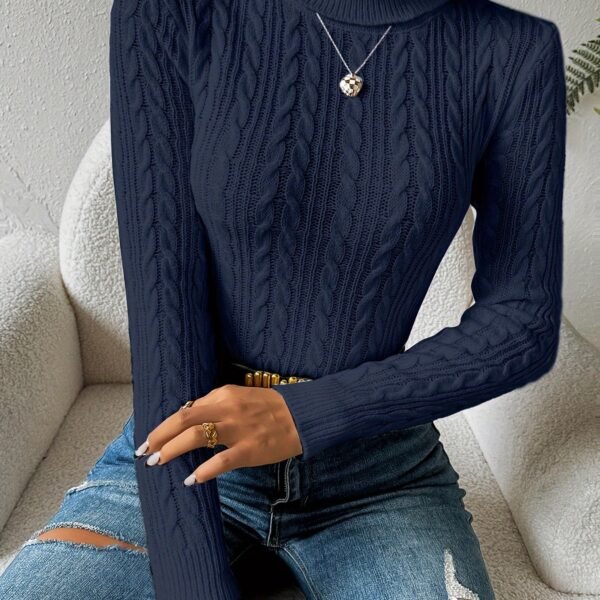 Solid Turtle Neck Cable Knit Sweater, Casual Long Sleeve Slim Sweater, Women's Clothing