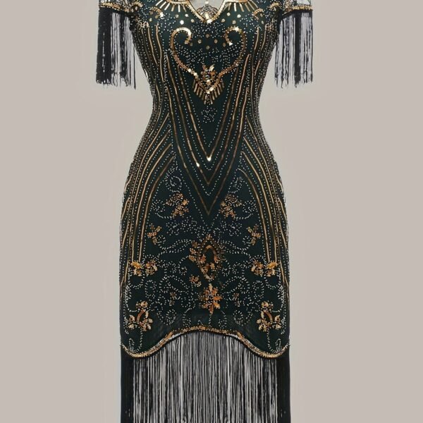 Tassel Sequined V Neck Dress, Elegant Crew Neck Short Sleeve Dress For Party & Banquet, Women's Clothing