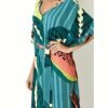 Floral Print V Neck Maxi Dress, Vacation Batwing Sleeve Belted Beach Dress, Women's Clothing
