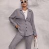 Solid Casual Two-piece Set, Button Up Long Sleeve Top & Pants Outfits, Women's Clothing