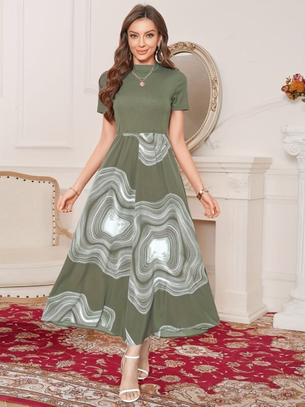 Graphic Print Splicing Aline Dress, Vintage Mock Neck Short Sleeve Dress, Women's Clothing