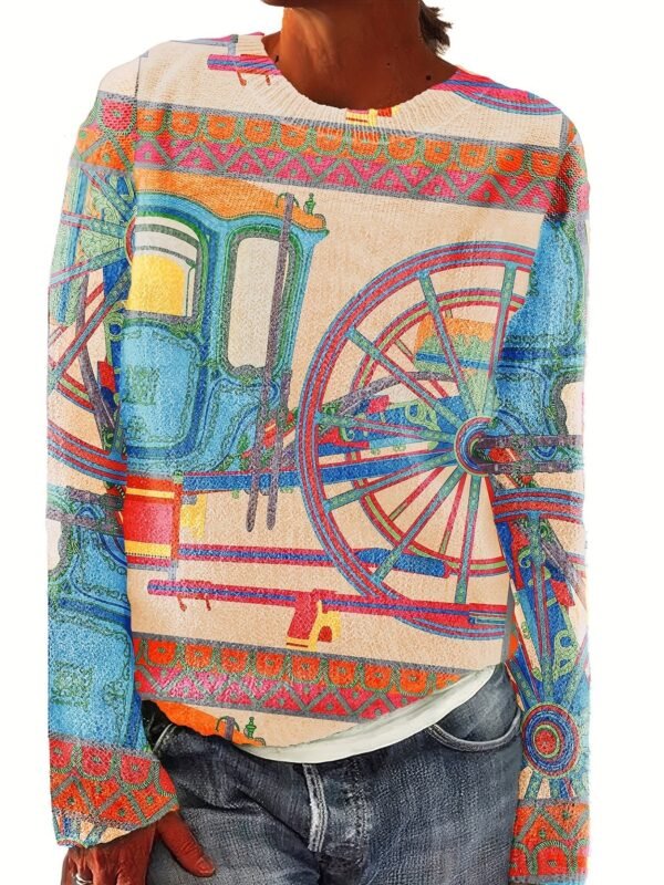 Cartoon Pattern Thin Pullover Sweater, Casual Crew Neck Long Sleeve Loose Sweater, Women's Clothing